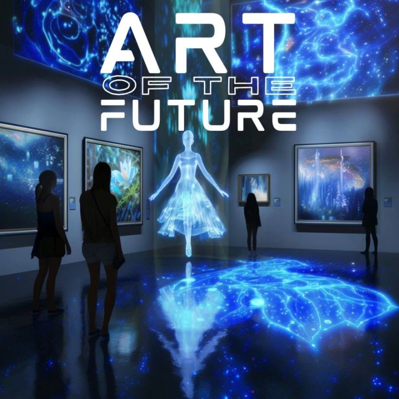 Visitors exploring a futuristic digital art gallery with holographic displays