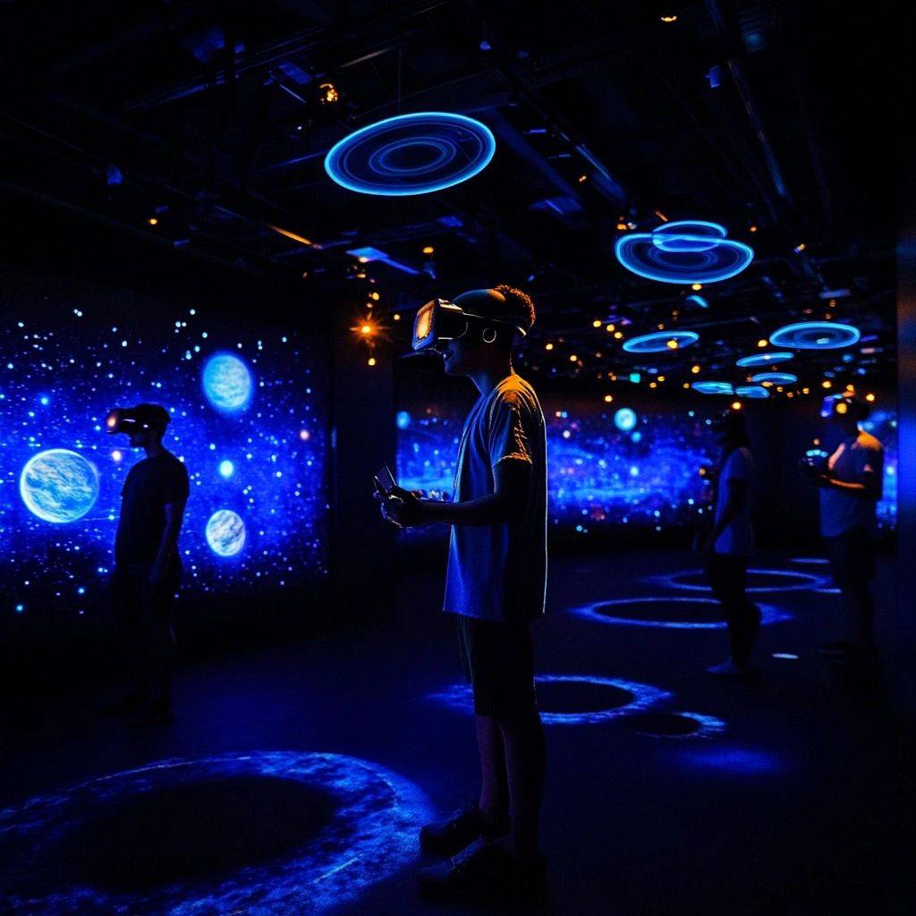 Guests in visors exploring a dark room filled with blue holograms