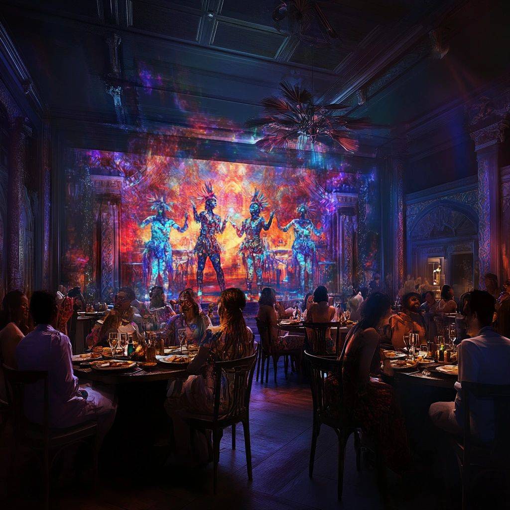 A hall transformed by holographic Junkanoo dancers above dining tables
