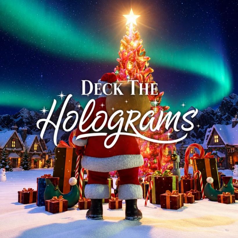 A festive holographic winter village scene