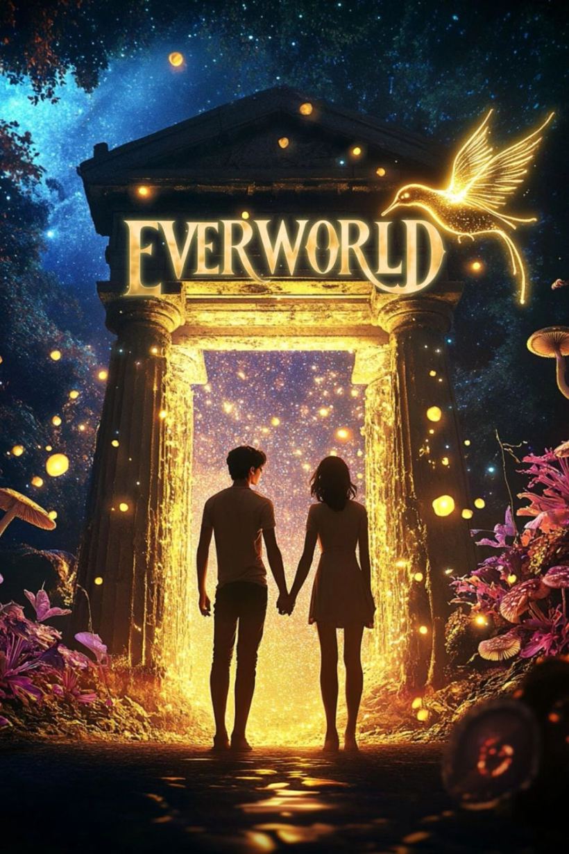 Two people hold hands before a glowing ancient portal surrounded by magical lights and flora