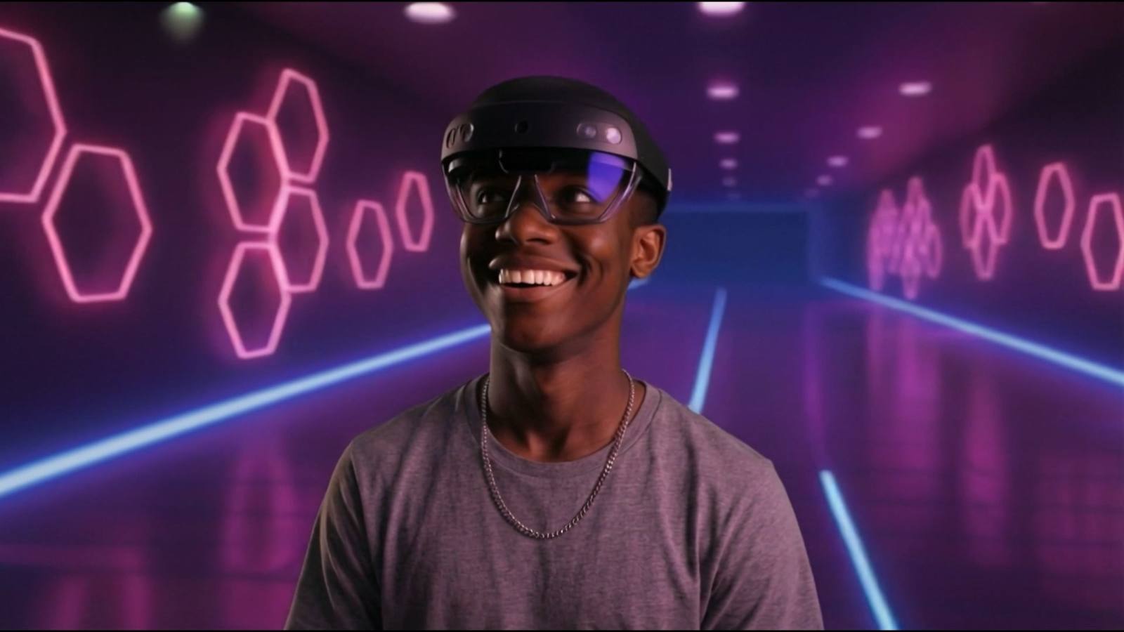 A guest wearing a holographic visor inside Verse Nassau