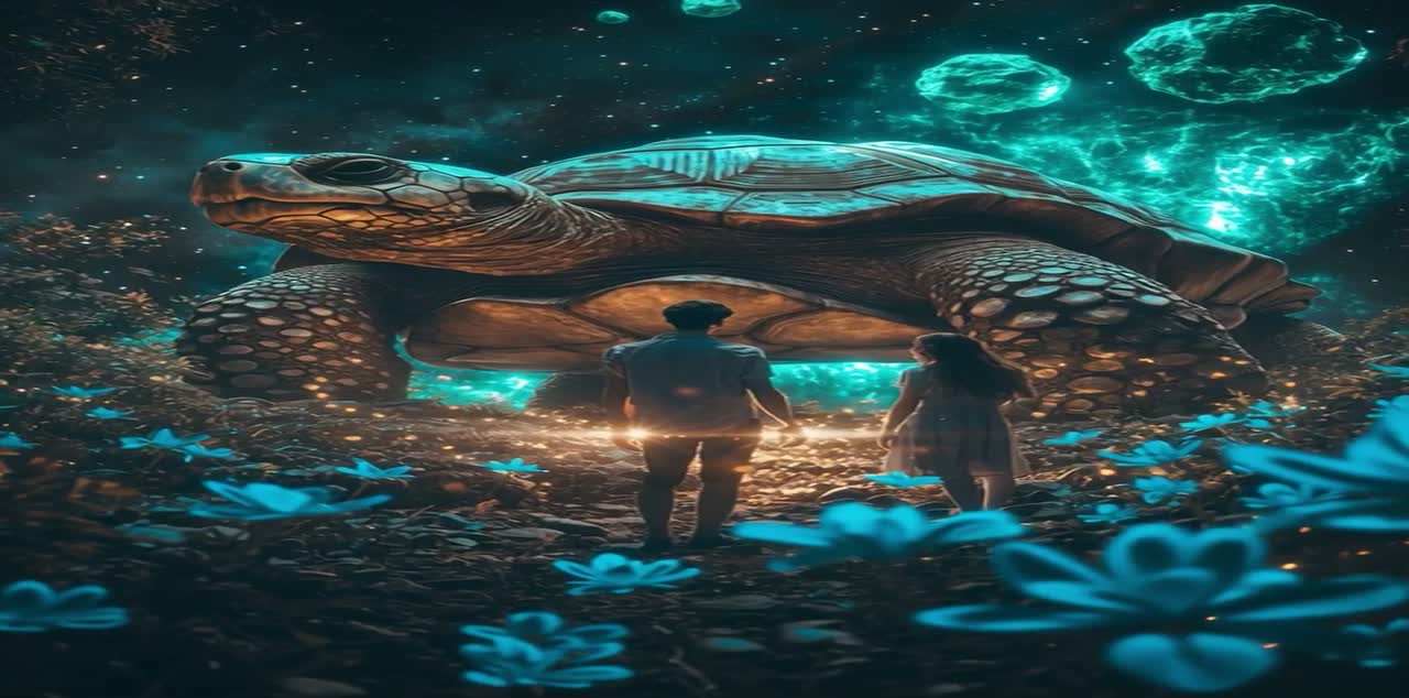 A holographic sea turtle towering over visitors inside Verse Nassau