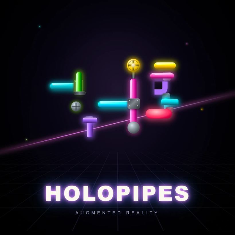 Neon holographic pipe puzzle floating in a dark room