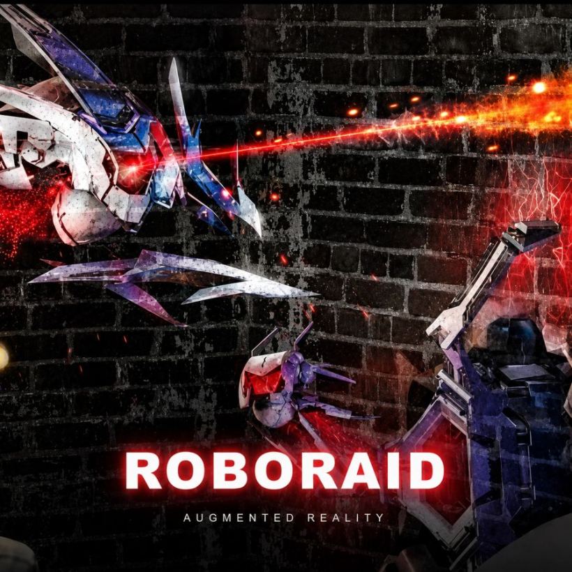 Robots breaking through a brick wall in an augmented reality battle