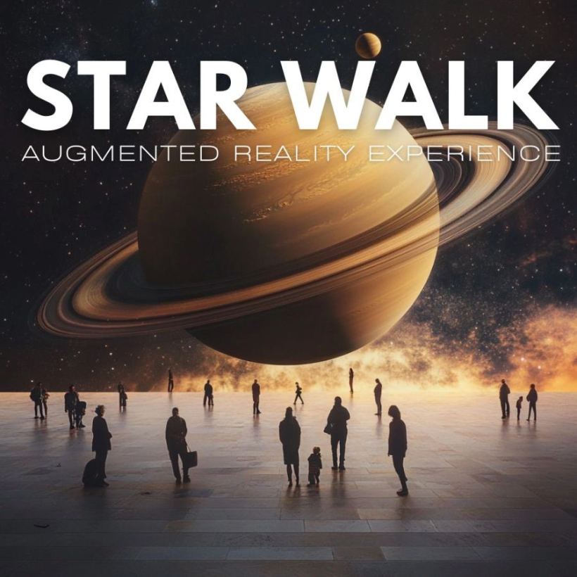 People walking through an augmented reality field of planets and stars